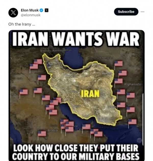 马斯克发图:伊朗被美军基地包围