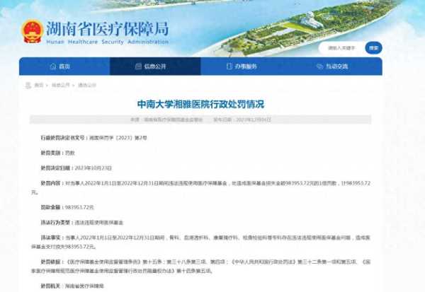 中南大学湘雅医院被罚超98万